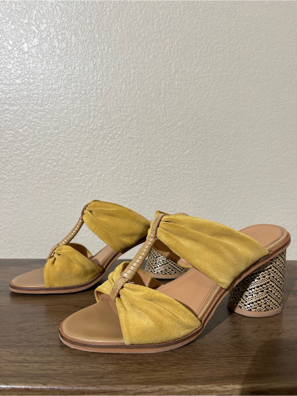 FRYE AND CO. Mustard Yellow Suede Knot Slide Heels